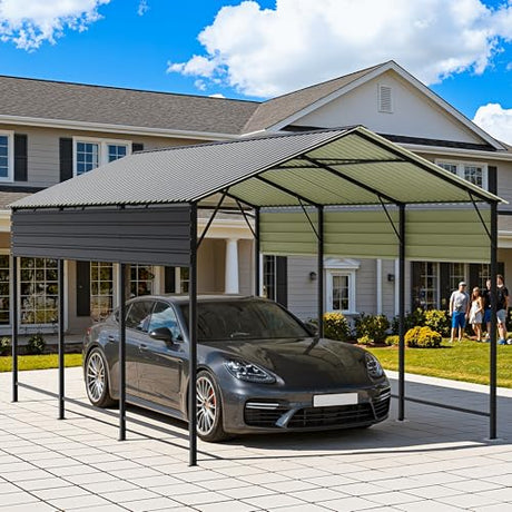 Greesum 10x15FT Metal Carport with Heavy Duty Frame and Galvanized Steel Roof, Vertical Carports with Side Support Rods, Canopy Shelter for Car, Pickup Trucks, Boats and Tractors, Party, Gray Greesum