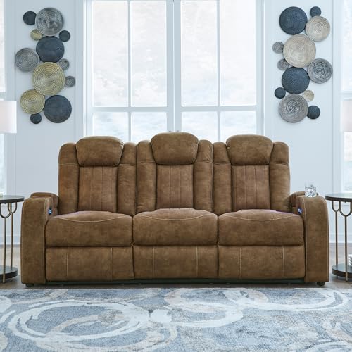 Signature Design by Ashley Wolfridge Contemporary Faux Leather Power Reclining Sofa with Drop Down Table, LED Lights, Electrical Outlet, Wireless Charging, USB Ports and Cup Holders, Light Brown Signature Design by Ashley