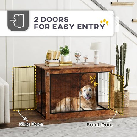 PawHut 39" Dog Crate Furniture with Flip-up Top Opening, Decorative Dog Kennel Furniture Side Table with 2 Doors for Large Breeds, Rustic Brown PawHut