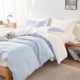 Wake In Cloud - Striped Comforter Set, Ticking Stripe Vertical Pinstripe Neutral Farmhouse Pattern Printed, Soft Lightweight Bedding, 3 Pieces, Blue White, Full Size Wake In Cloud