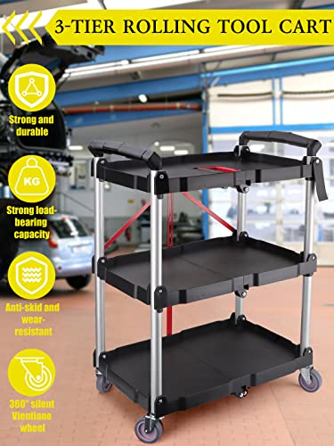 EBANKU Folding Collapsible Service Cart, Heavy Duty 3-Shelf Rolling Tool Cart, Supports Up to 150 lbs for Warehouse Storage, Garage, Cleaning - WoodArtSupply