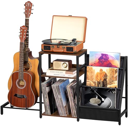 LELELINKY Record Player Stand, Adjustable Guitar Stand for Acoustic Guitar, Electric Guitar, Bass, Turntable Stand with Vinyl Display Shelf Storage Up to 150 Albums,Brown End Table for Music Room LELELINKY