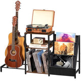 LELELINKY Record Player Stand, Adjustable Guitar Stand for Acoustic Guitar, Electric Guitar, Bass, Turntable Stand with Vinyl Display Shelf Storage Up to 150 Albums,Brown End Table for Music Room LELELINKY