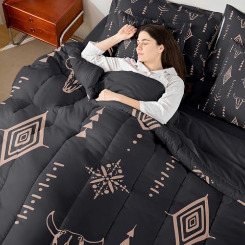 Erosebridal Bull Skull 7 Pcs Comforter Set Full Boho Bedding Ethnic Horns Bohemian Bed in A Bag Black Brown Tribal Symbol Mysterious Aztec Bedroom Decor Abstract Geometric Sheet Set for Men Boys Erosebridal