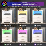 dnbss White LED Nightstand with Charging Station and 24-Color RGB Lights, Smart Night Stand with Human Sensor Lighting, Modern Bedside Table for Bedroom dnbss