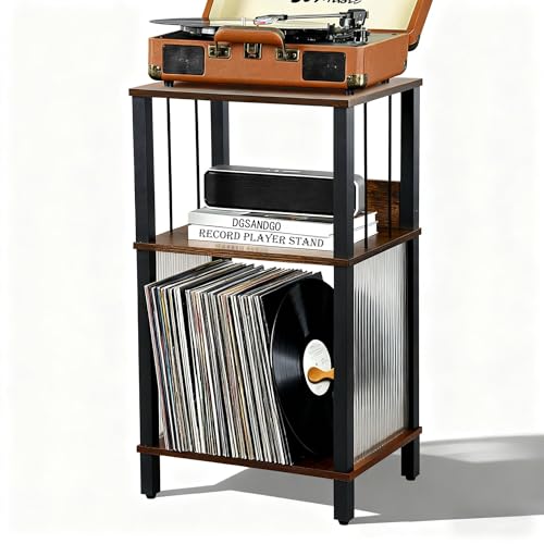 DGSANDGO Mid-Century Now Playing Vinyl Record Stand, Record Player Stand, End Table with Charging Station, 3 Tier Rustic Brown w/Guard Rails, Holds 100 Vinyl Albums, for Living Room Bedroom Office DGSANDGO