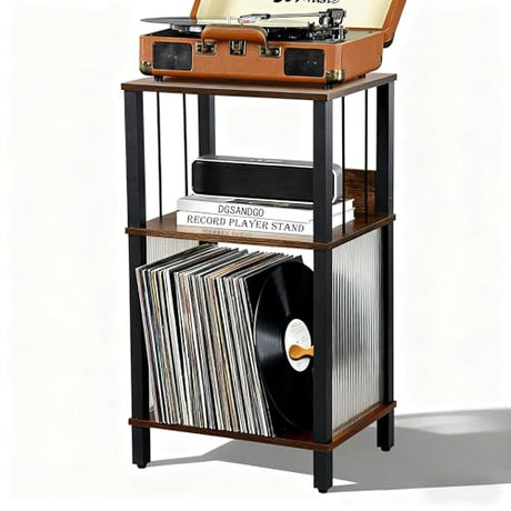 DGSANDGO Mid-Century Now Playing Vinyl Record Stand, Record Player Stand, End Table with Charging Station, 3 Tier Rustic Brown w/Guard Rails, Holds 100 Vinyl Albums, for Living Room Bedroom Office DGSANDGO