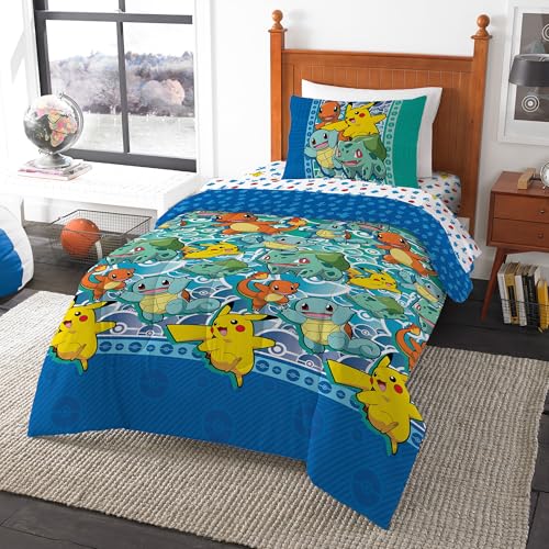 Northwest Twin Bed in a Bag Set – Pokémon First Starters Design – 5-Piece Bedding Set with Comforter, Fitted Sheet, Flat Sheet, Pillowcase, Sham Northwest