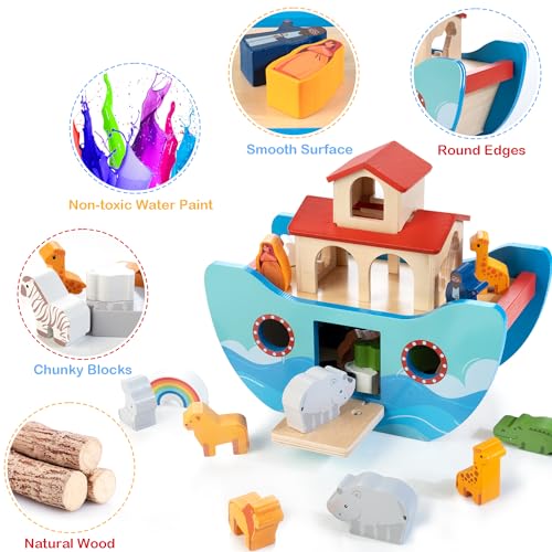 JUSTWOOD Wooden Noah's Ark Toy Animal Play Set, Bible Story Toys Baptism Gift for Boys and Girls Age 1+ Years, Baby Shape Sorter Toy JUSTWOOD