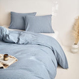 Wake In Cloud - Striped Cotton Duvet Cover Set, 100% Washed Cotton Textured Percale Bedding Set, Ticking Stripe Pinstripe Farmhouse, 3 Pieces, Denim Blue, Full Size Wake In Cloud