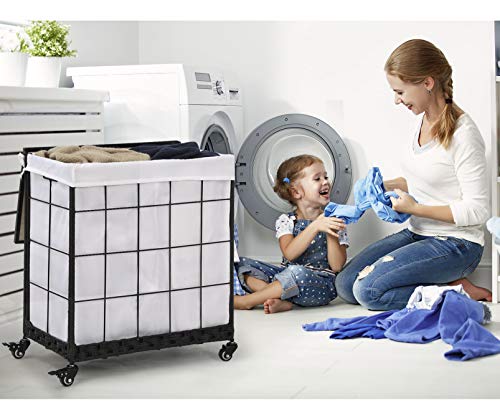 Durable Laundry Hamper with Removable Liner Bag, Heavy Duty Wheels, Wood Lid and Metal Handle - Clothes Sorter and Laundry Basket in White