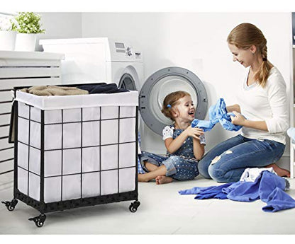 Durable Laundry Hamper with Removable Liner Bag, Heavy Duty Wheels, Wood Lid and Metal Handle - Clothes Sorter and Laundry Basket in White