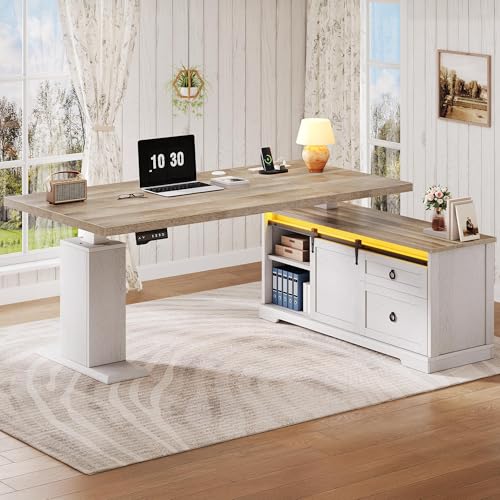 YITAHOME L Shaped Standing Desk with Power Outlets & LED Lights, 63" Farmhouse Electric Standing Desk Adjustable Height Sit Stand Corner Stand Desks with Drawers & Sliding Door, Grey Wash YITAHOME