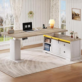 YITAHOME L Shaped Standing Desk with Power Outlets & LED Lights, 63" Farmhouse Electric Standing Desk Adjustable Height Sit Stand Corner Stand Desks with Drawers & Sliding Door, Grey Wash YITAHOME