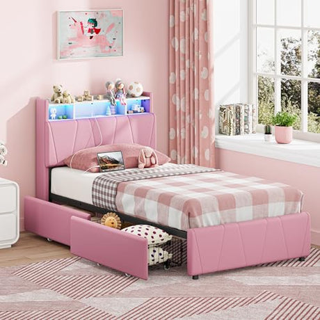 LIKIMIO Twin Bed Frame with 2 Storage Drawers, Charging Station & LED Lights, Upholstered Platform Twin Bed with Storage Headboard, Strong Wooden Slats, No Box Spring Needed, Easy Assembly, Pink LIKIMIO