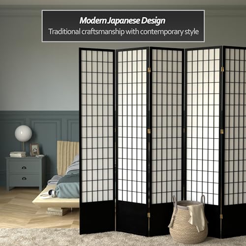 Red Lantern 7 ft. Tall Window Pane Shoji Screen - Black - 5 Panels Red Lantern