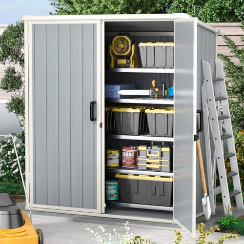 Aoxun Resin Shed 4.7 x 2.7FT Outdoor Storage Shed with Lockable Door and Floor Garden Plastic Shed for Outdoor Storage (Grey) Aoxun