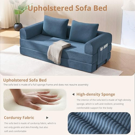 YUUIJOAA 4-in-1 Folding Convertible Sofa Bed, 78 Inch Oversized Corduroy Loveseat Sleeper with Pull Out Bed, Boneless Futon Couch for Living Room Apartment, No Assembly Needed, Blue YUUIJOAA