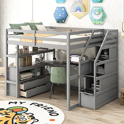 Acosure Full Size Loft Bed with Desk and Shelves,Multifunctionl Bedroom Bed Frame w/ 2 Built-in Drawers & Storage Staircase,Solid Wood Slats Support,for Kid Adult Boy Girl Teen,Grey