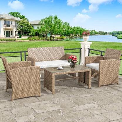 YITAHOME 4-Piece Patio Bistro Set, All-Weather Outdoor Patio Furniture Rattan Wicker Loveseat Conversation Set with Glass Side Table and Soft Cushions, Light Brown+Beige - WoodArtSupply