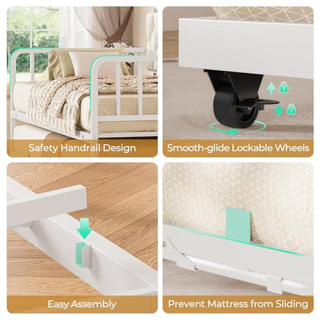 ADORNEVE Daybed with Trundle, Twin to King Daybed with Charging Station & LED Lights, Metal Trundle Bed Twin with Hidden Storage Headboard, Upholstered Sofa Day Bed for Living Room, Bedroom, White ADORNEVE