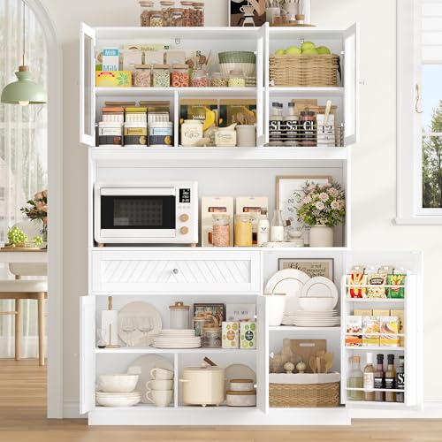 BOTLOG 72” Tall Kitchen Pantry Storage Cabinet, Modern White Kitchen Hutch with Large Storage Drawer, Countertop, Adjustable Shelves, Food Pantry Cabinets for Dining Room, Living Room BOTLOG