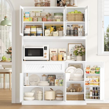 BOTLOG 72” Tall Kitchen Pantry Storage Cabinet, Modern White Kitchen Hutch with Large Storage Drawer, Countertop, Adjustable Shelves, Food Pantry Cabinets for Dining Room, Living Room BOTLOG