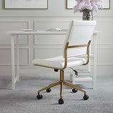 Martha Stewart Ivy Armless Swivel Task Chair for Home Office in White Faux Leather with Polished Brass Frame Martha Stewart