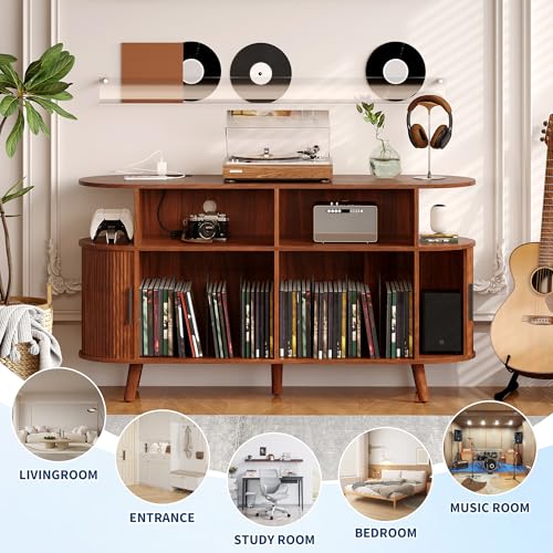 55'' Fluted Mid Century Modern Turntable Cabinet with Vinyl Storage, Large Round Record Player Stand with Charging Station and Display Shelf, Arched Wood Record Player Table for Living Room Garvee