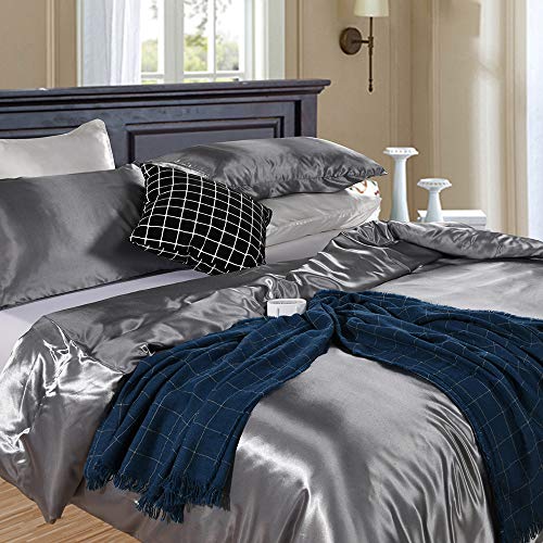 Erosebridal Hotel Grey Duvet Cover Twin/Single Silk Like Satin Bedding Set Summer Reversible Quilt Comforter Cover Honeymoon Sexy Luxury Soft Lightweight Brushed Bedspreads for Farmhouse Room Decor Erosebridal