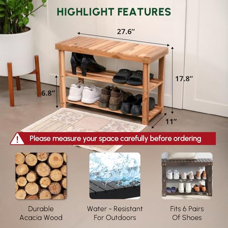 BEEFURNI Acacia Shoe Rack Bench, 3-Tier Sturdy Shoe Storage Bench, Wooden Footwear Organizer, 300 LBS Load Capacity, Perfect for Closet Entryway Bathroom, 1-Year Manufacturer Warranty, Natural Acacia BEEFURNI