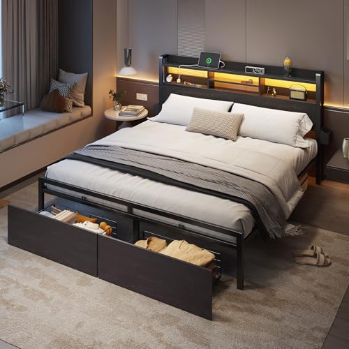 Furnulem King Bed Frame with Wood Headboard & Storage Drawers, Metal Platform Bed Frames King Size with LED Lights, Built in Charging Station, No Box Spring Needed, No Noise, Easy Assembly, Black Furnulem