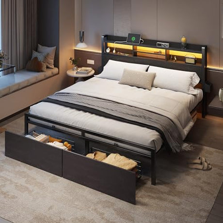 Furnulem King Bed Frame with Wood Headboard & Storage Drawers, Metal Platform Bed Frames King Size with LED Lights, Built in Charging Station, No Box Spring Needed, No Noise, Easy Assembly, Black Furnulem