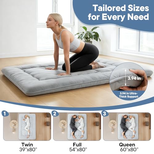 DUMOS Japanese Floor Mattress Twin Size 4-Inch, Futon Mattress Foldable with Removable Washable Cover, Portable Roll Up Tatami Mat for Kids Room, Dorm, Sleepovers and Solo Sleeper, Gray DUMOS