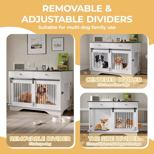 Dog Crate Furniture for 2 Dogs, 47" Double Dog Kennel with Removable Divider and 2 Drawers, Decorative TV Stand Side Table, Indoor Pet Cage for Large/Medium/Small Dogs White GAOMON