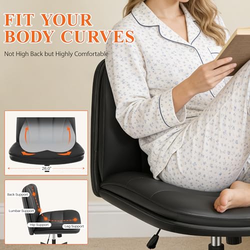 HeroSet Criss Cross Chair with Wheels,Comfy Wide Vanity Chair,Scratch-Resistant Leather Cross Legged Desk Chair,Height Adjustable Computer Office Desk Chairs HeroSet