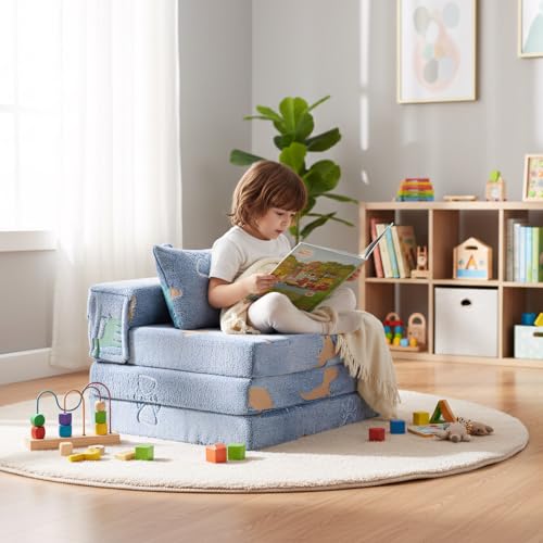 Foldable Floor Mattress with Pillow for Kids, Glow in The Dark Blue Dinosaur Toddler Washable Folding Floor Mat for Daycare, Child Trifold Futon Sofa Bed with Storage Bag for Playroom Girls and Boys Givjoy