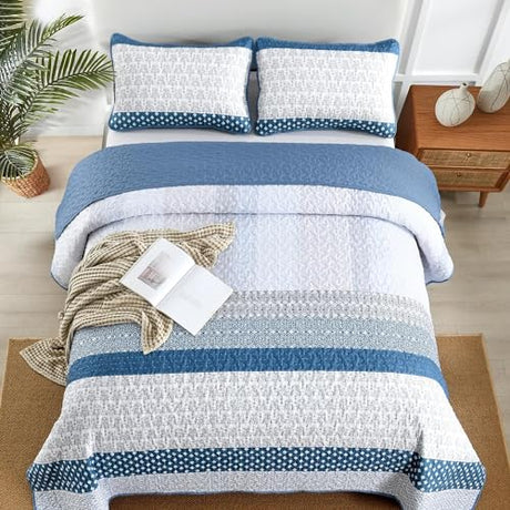 WONGS BEDDING Blue Quilt King Size, Bohemian Stripe Quilt Sets 3 Pieces Boho Quilted Bedspread Set Lightweight Microfiber Coverlet Bedding Set All Season (104"x90") WONGS BEDDING