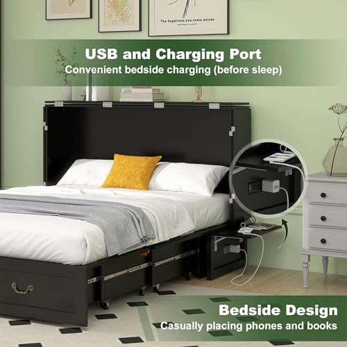 TemkTuek Queen Size Murphy Bed Cabinet with Drawers Storage & USB Charging Station, Space-Saving Hideaway Bed for Guest Room & Small Bedroom 84" L x 60" W x 44" H Black-7(NOT Included Mattress) TemkTuek
