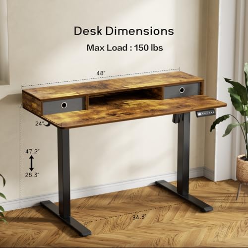CROWNFURN Electric Standing Desk with Double Drawers,Adjustable Standing Desk with Storage Shelf for Home Office,with 3 Presets & 2 Hooks,48 Inch(Rustic Brown) CROWNFURN