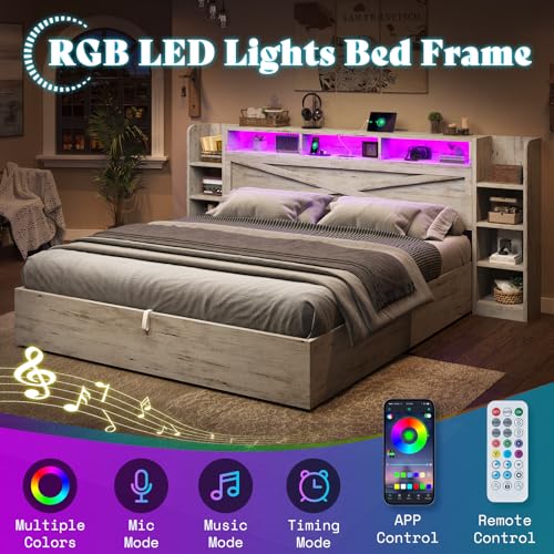 AMERLIFE King Size Lift Up Storage Bed Frame, 45.1" LED Bed Frame with 2 Side Shelves & Bookcase Headboard, Farmhouse Wood Platform Bed with Charging Station, No Box Spring Needed, Distressed White AMERLIFE
