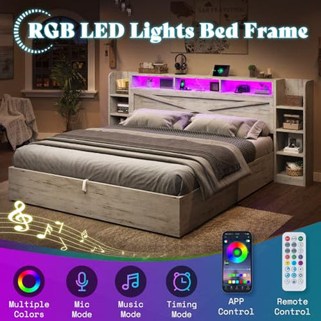 AMERLIFE King Size Lift Up Storage Bed Frame, 45.1" LED Bed Frame with 2 Side Shelves & Bookcase Headboard, Farmhouse Wood Platform Bed with Charging Station, No Box Spring Needed, Distressed White AMERLIFE