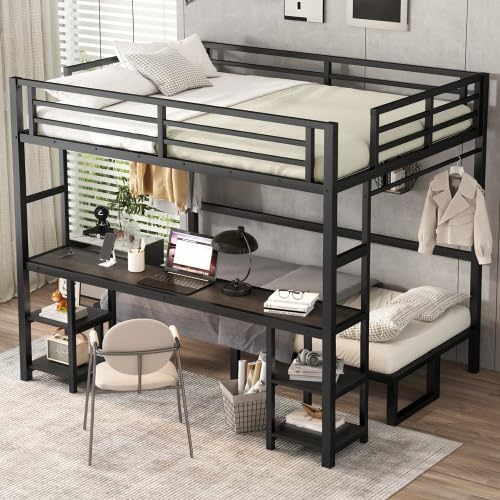 JIJIWANG Queen Over Twin XL Bunk Bed with Desk and Charging Station Metal Loft Bed with Led Lights and Shelves Multiple Uses Folds into Sofa, Black