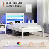 VINGLI LED Twin Bed Frame Set of 2 Solid Wood Platform Single Bed with Headboard Shelf USB Charging Station,Panel Bed, Wood Slat Support Mattress Foundation, White VINGLI