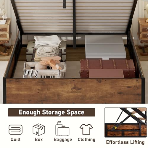LUXOAK Queen Size Lift Up Storage Platform Bed Frame, Metal Bed Frame with Wooden Slats Support, No Box Spring Needed, Large Storage Space, Noise Free, Easy Assembly, Rustic Brown LUXOAK