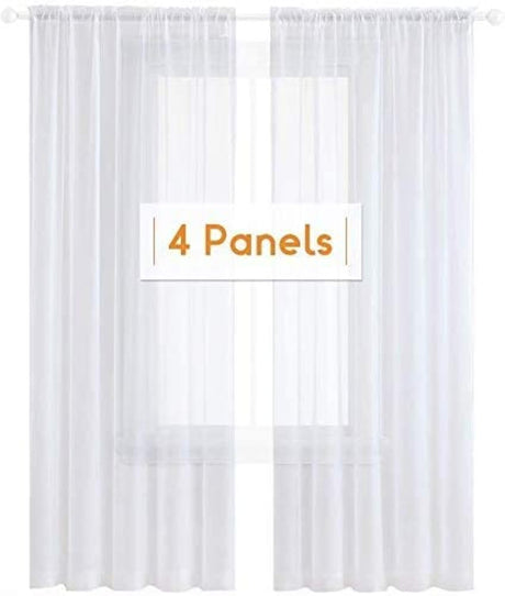 Anjee 4 Panels White Sheer Curtains 108 inches Long Rod Pocket Semi Sheer Curtain Translucency Balance Privacy Voile Window Drapes for Outdoor Patio Yard Glass Dining Room Living Room, 52 x 108 Inch Anjee