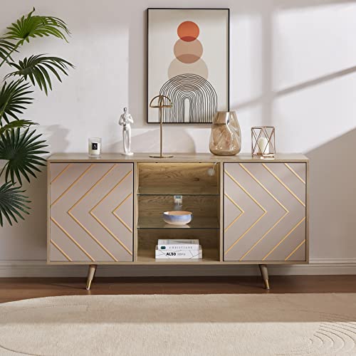 roomfitters Mid Century Modern TV Stand with Storage, Entertainment Center with LED Lights, Sideboard Credenza Buffect Cabinet, Media Console for Living Room (Geometric Grey, Gold Inlayed) roomfitters