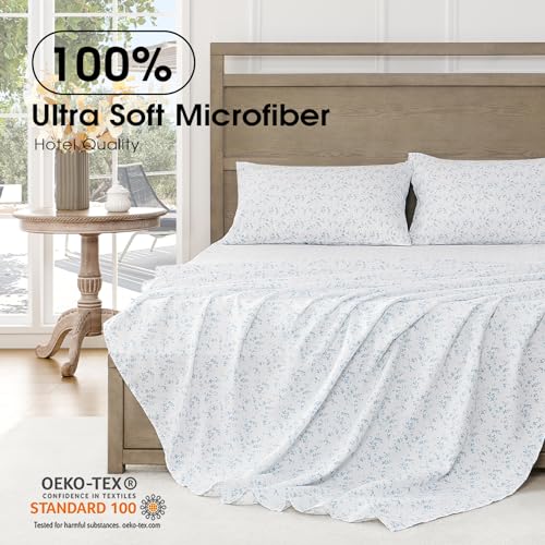 FreshCulture Floral Bed Sheets - Ultra Soft Twin XL Sheets - Brushed Microfiber Blue Floral Sheets - Deep Pockets up to 16" - Easy Care - Hotel Luxury 3 Piece Flower Printed Sheets Twin XL, Lille FreshCulture