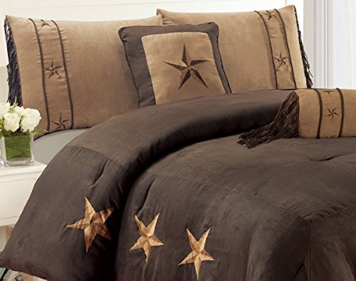 Grand Linen 6 Piece Luxury Western Bedding - Oversize King Size Cabin Micro Suede Comforter Set - Dark Chocolate Brown Lone Star Design Grand Linen