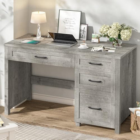 Vabches Farmhouse 47" Executive Desk with 4 Drawers, Computer Desk with File Drawer and Charging Station, Workstation for Home Office, Study.（Grey） Vabches